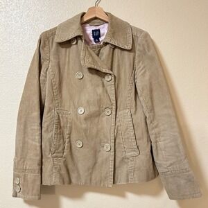 Y2K 2007 GAP Size M Tan Corduroy Pea Coat Jacket Double Breasted Twee Equestrian